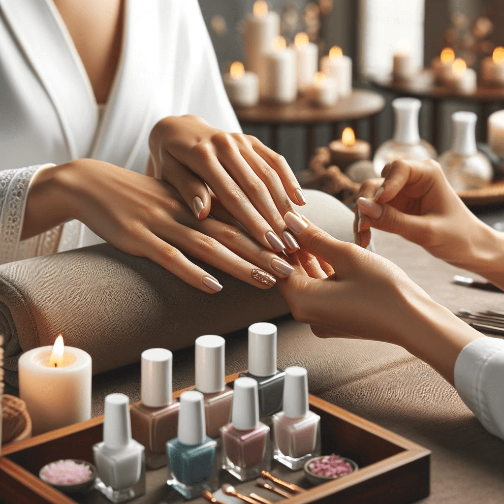 DALL·E 2023-11-14 10.53.14 – A luxurious spa setting with a close-up view of a professional manicure. The scene includes a person with an olive complexion receiving a manicure fro Gel nails at Odrys spa