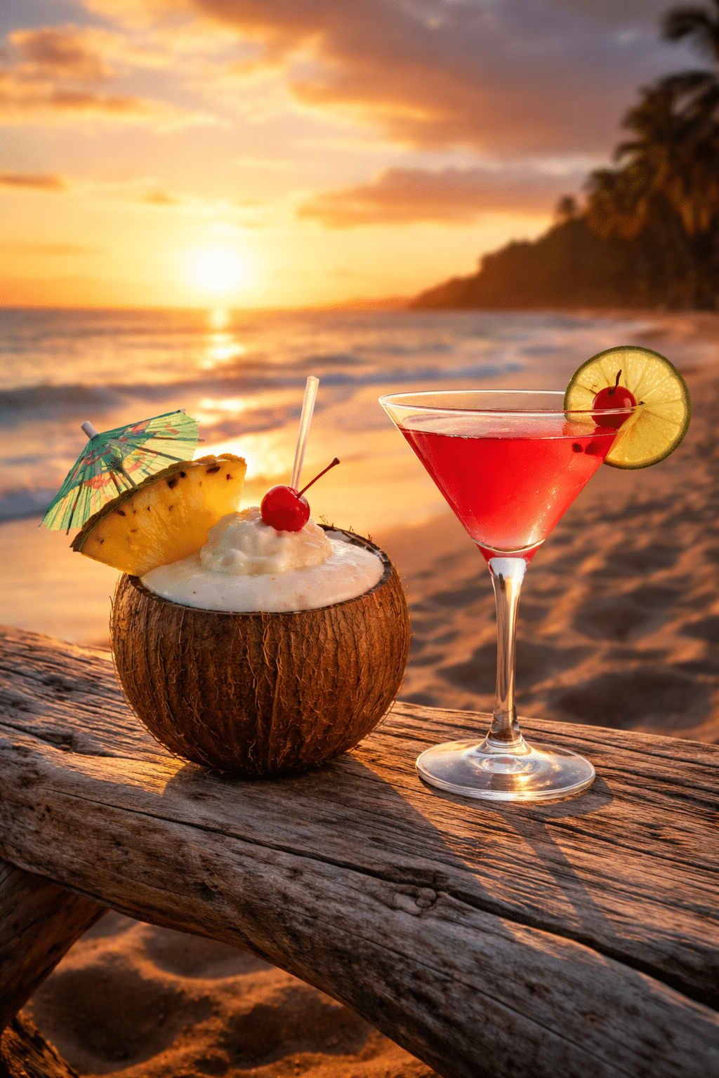 Tropical cocktails at sunset